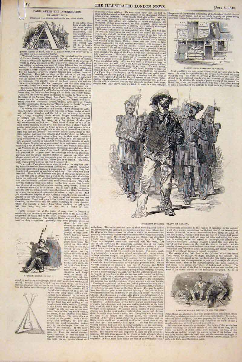Original Old Antique Print Paris Gavarni Guards St Antoine Bastile France 1848