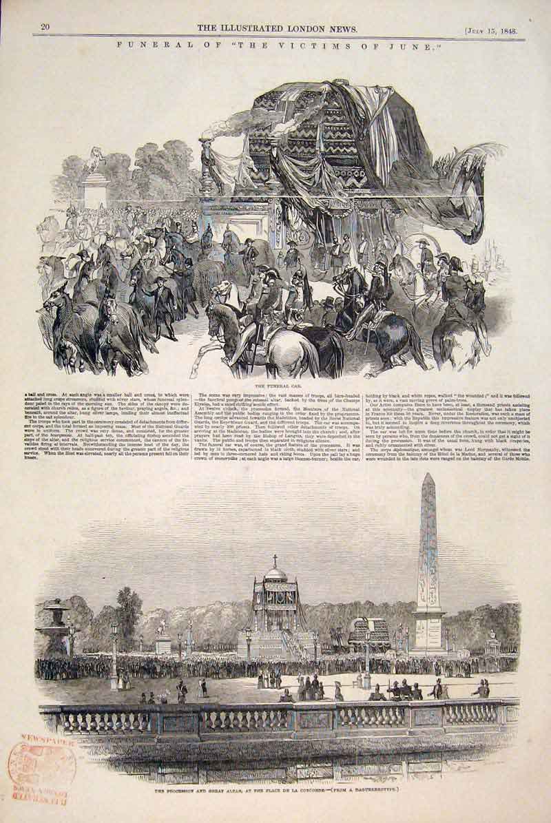 Original Old Antique Print Funerla Victims June Place Concorde Paris France 1848