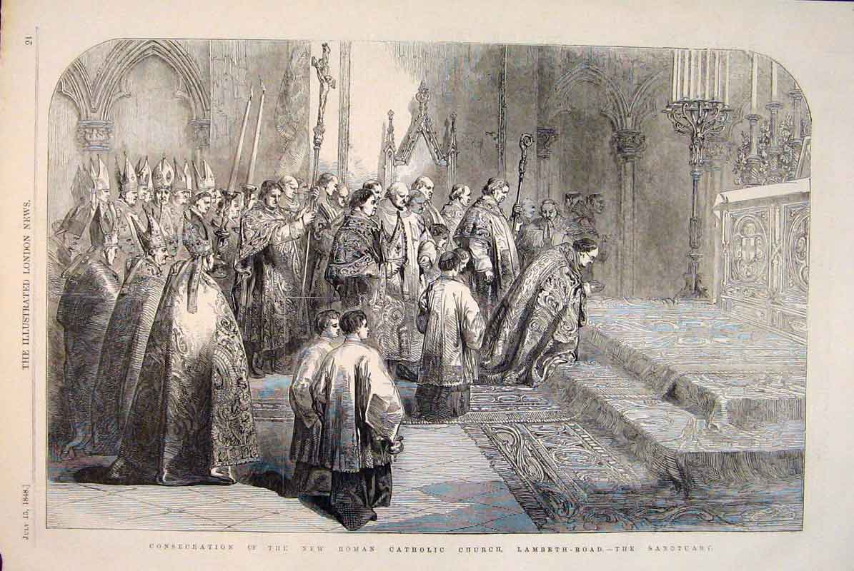 Original Old Antique Print Roman Catholic Church Lambeth Road Sanctuary London