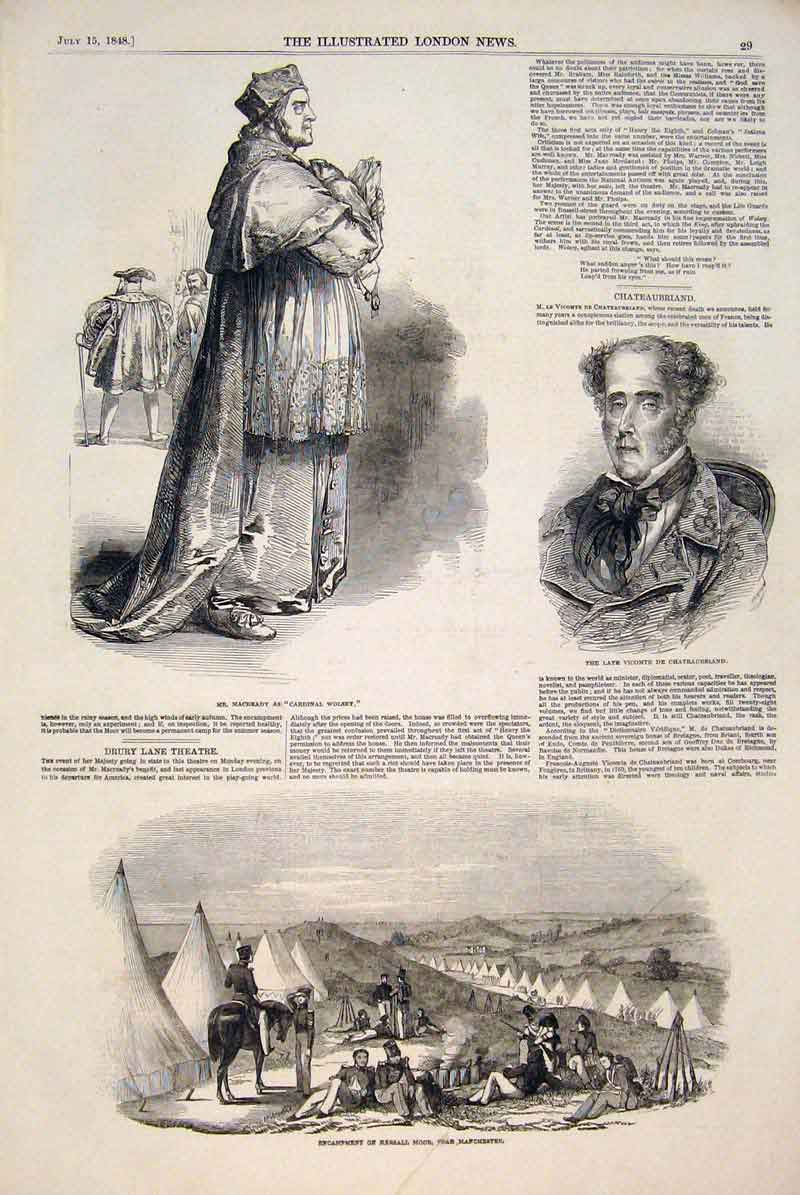 Original Old Antique Print Portrait Chateaubriand Macready Manchester 1848 19th