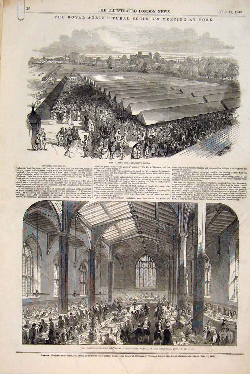Old Antique Print York Royal Agricultural Society Guildhall Cattle 1848 19th