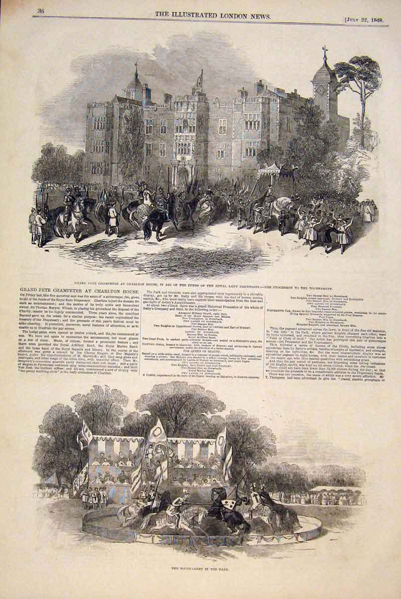 Original Old Antique Print Fete Champetre Charlton House Tournament Park 1848