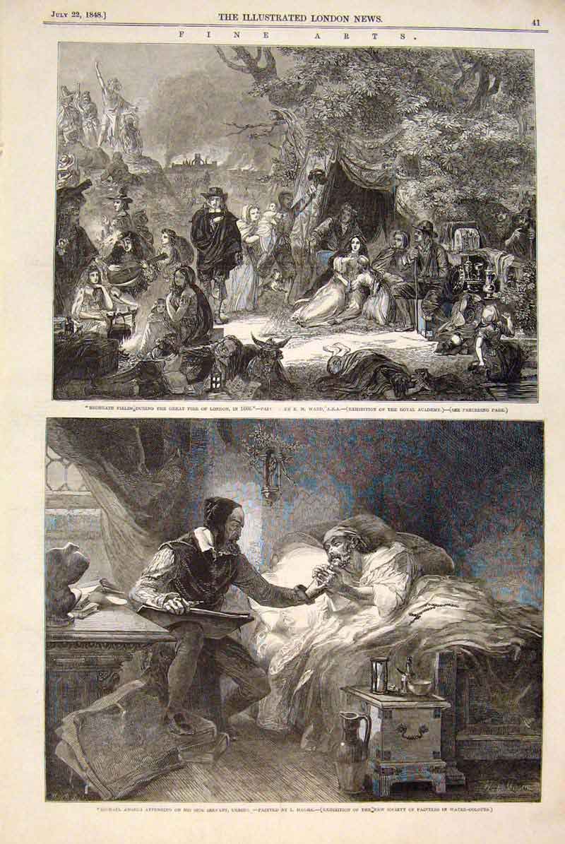 Original Old Antique Print Highgate Fields Fire London Ward Haghe Michael Angelo