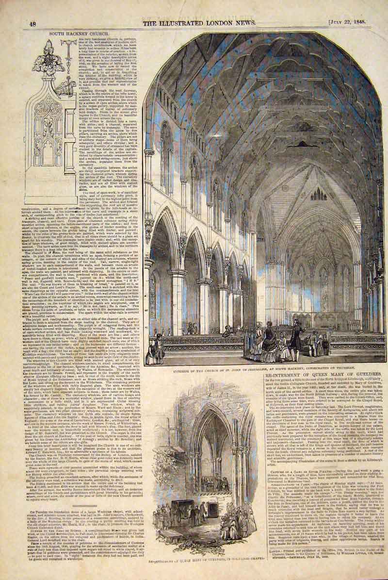 Old Antique Print Church Hackney Holyrood Chapel Queen Mary Gueldres 1848 19th