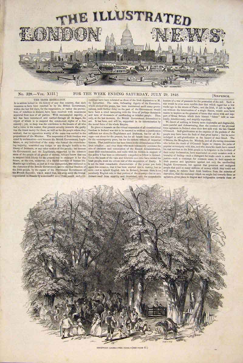 Original Old Antique Print Goodwood Races Park Forest 1848 19th