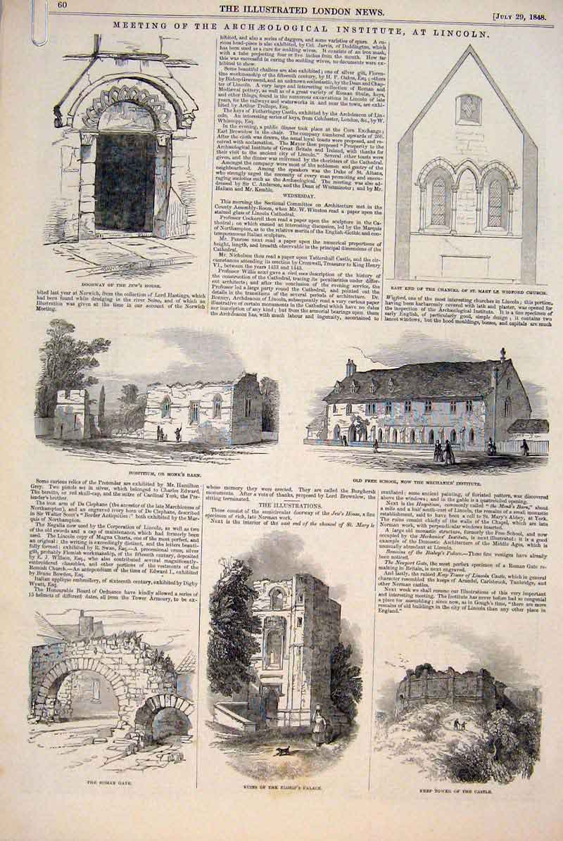 Old Antique Print Lincoln Castle Church School Cathedral M'Cullagh 1848 19th