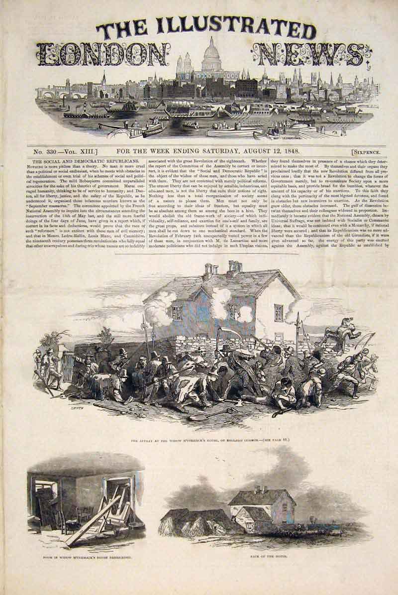 Original Old Antique Print Boulagh Common M'Cormack Widow House Battle 1848 19th
