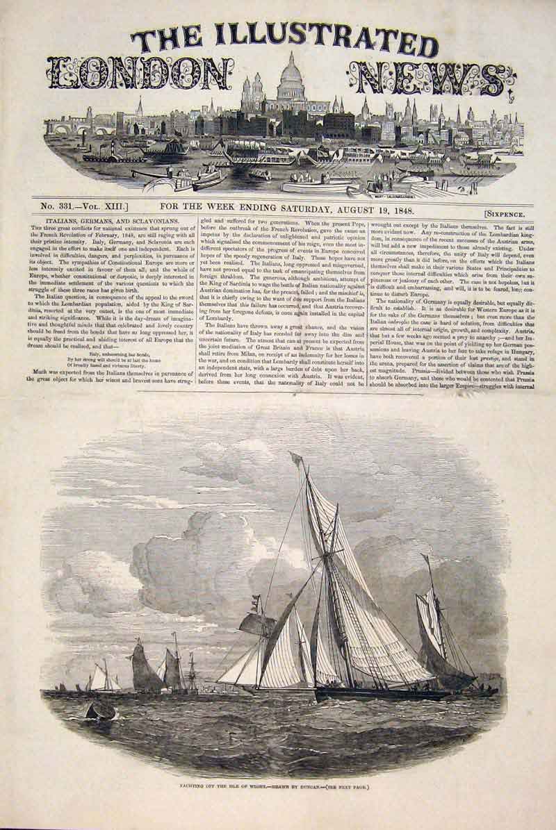 Old Antique Print Yacht Yachting Isle Wight Duncan Sailing Fine Art 1848 19th