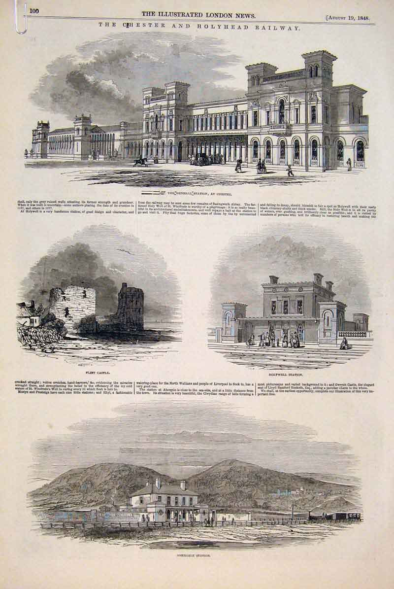 Antique Antique Print Chester Holyhead Railway Castle Station Conway Bangor 00AMAA1