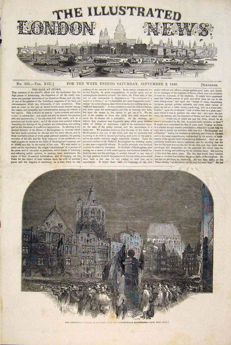 Original Old Antique Print Cathedral Festival Cologne France Market Place 1848