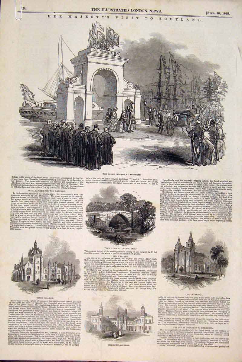 Original Old Antique Print Scotland Aberdeen College Cathedral Balmoral 1848