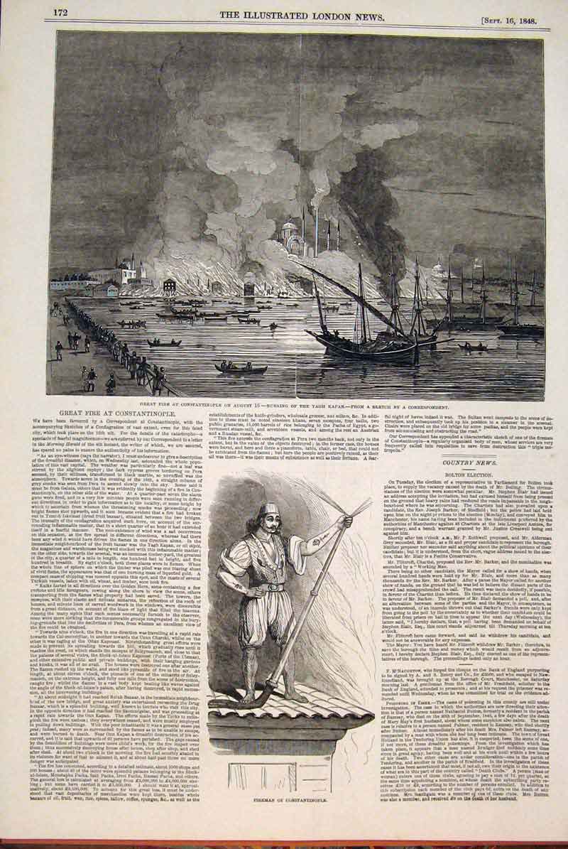 Original Old Antique Print Fire Constantinople Yagh Kapan Fireman Sketch 1848