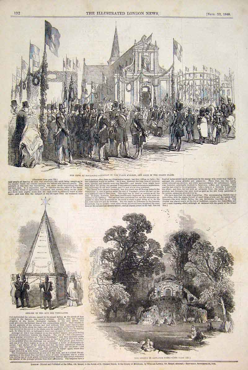 Old Antique Print Fete Boulogne Concert Grotto Oatlands Park Obelisk 1848 19th