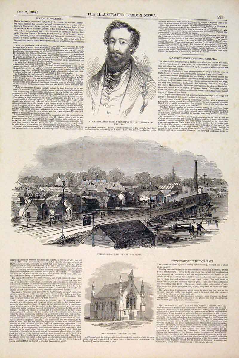 Original Old Antique Print Portrait Major Edwards Peterborough Flood Malborough