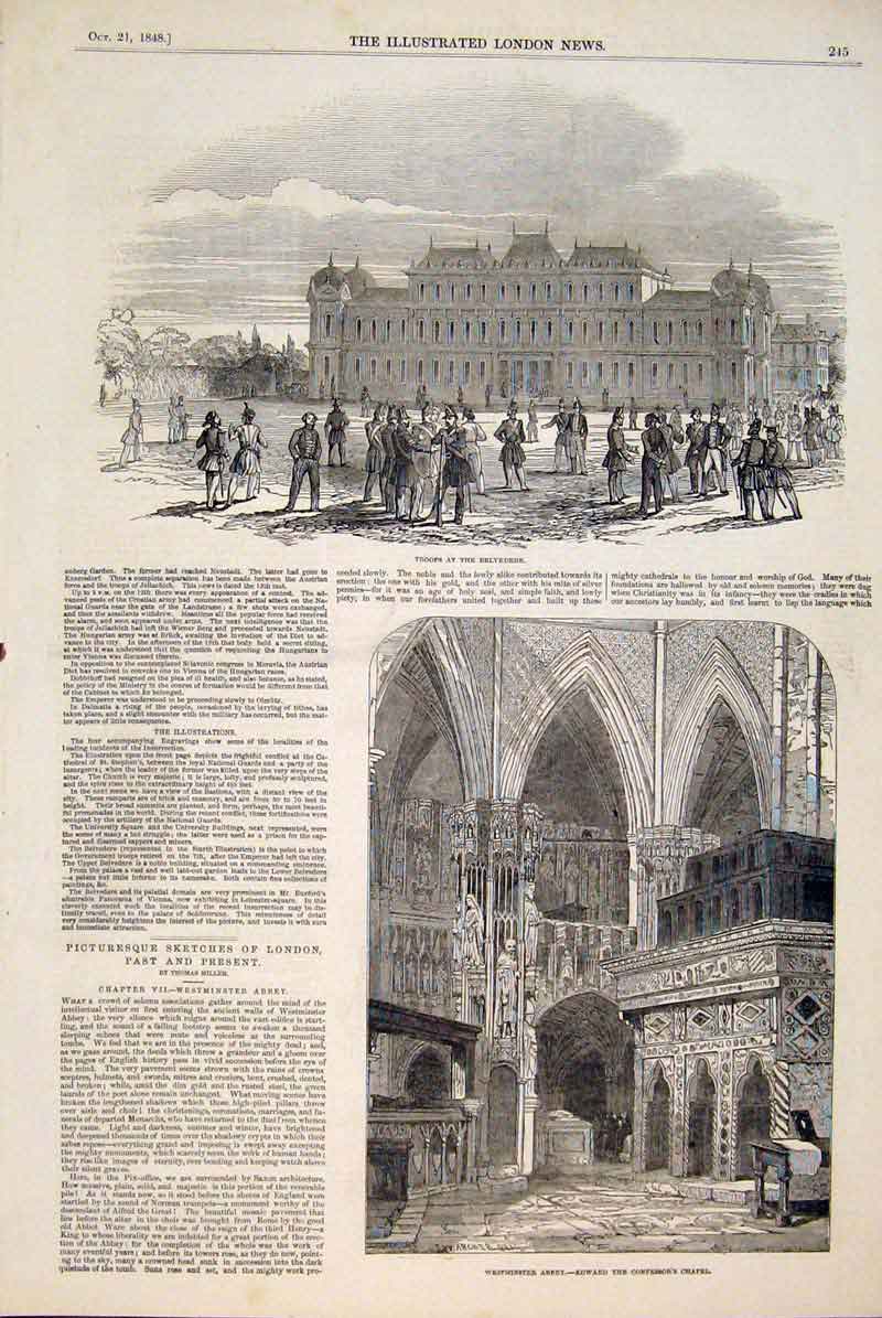 Original Old Antique Print Troops Belvedere Westminster Abbey Chapel 1848 19th