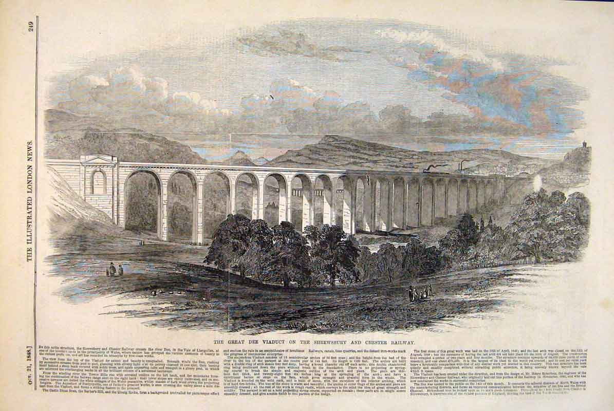 Original Old Antique Print Dee Viaduct Shrewsbury Chester Railway River 1848