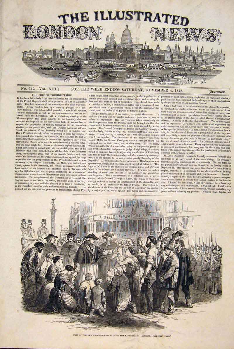 Original Old Antique Print Archbishop Paris Favbourg St Antoine France 1848 19th