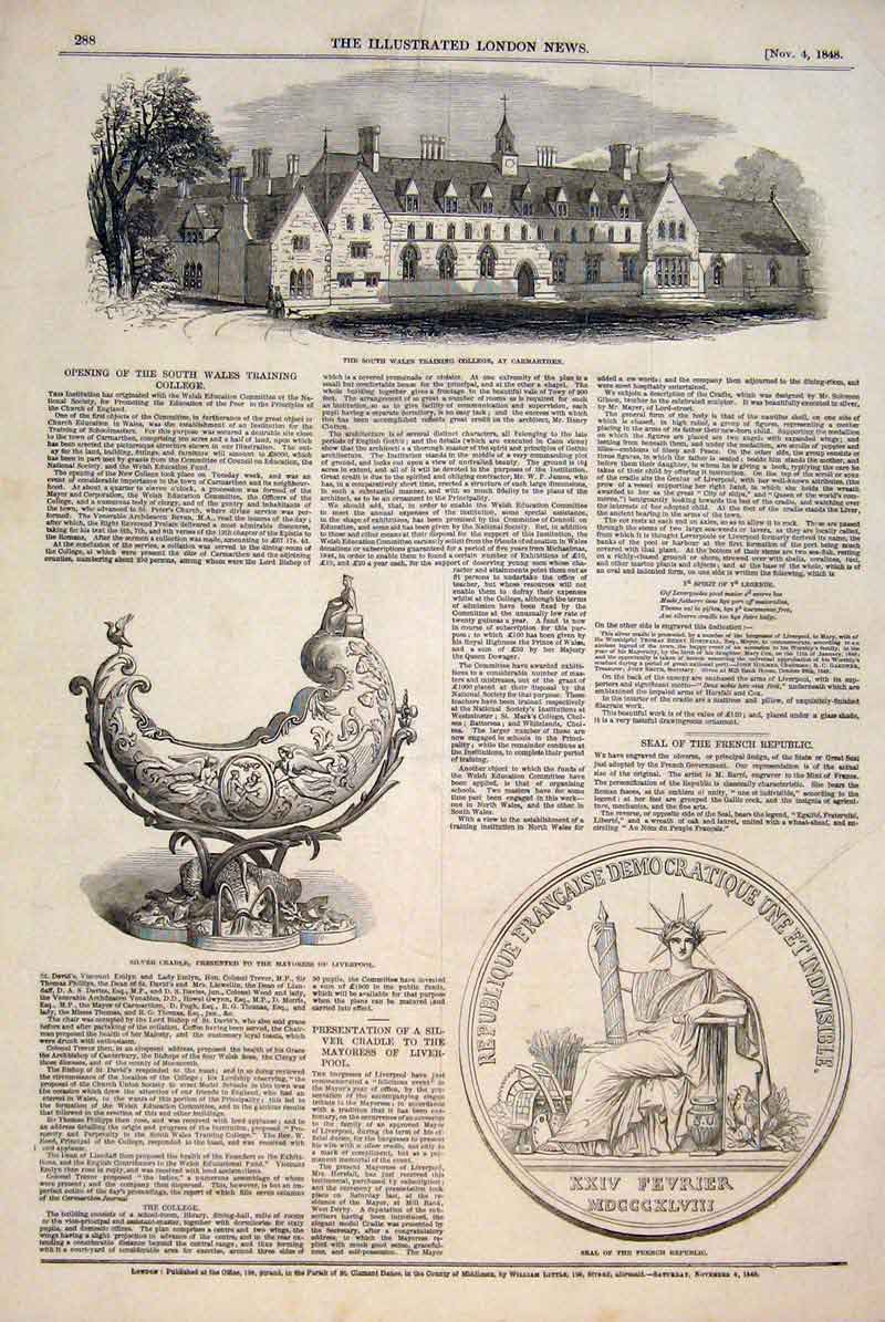 Old Antique Print Carmarthen College Silver Cradle Liverpool Seal French