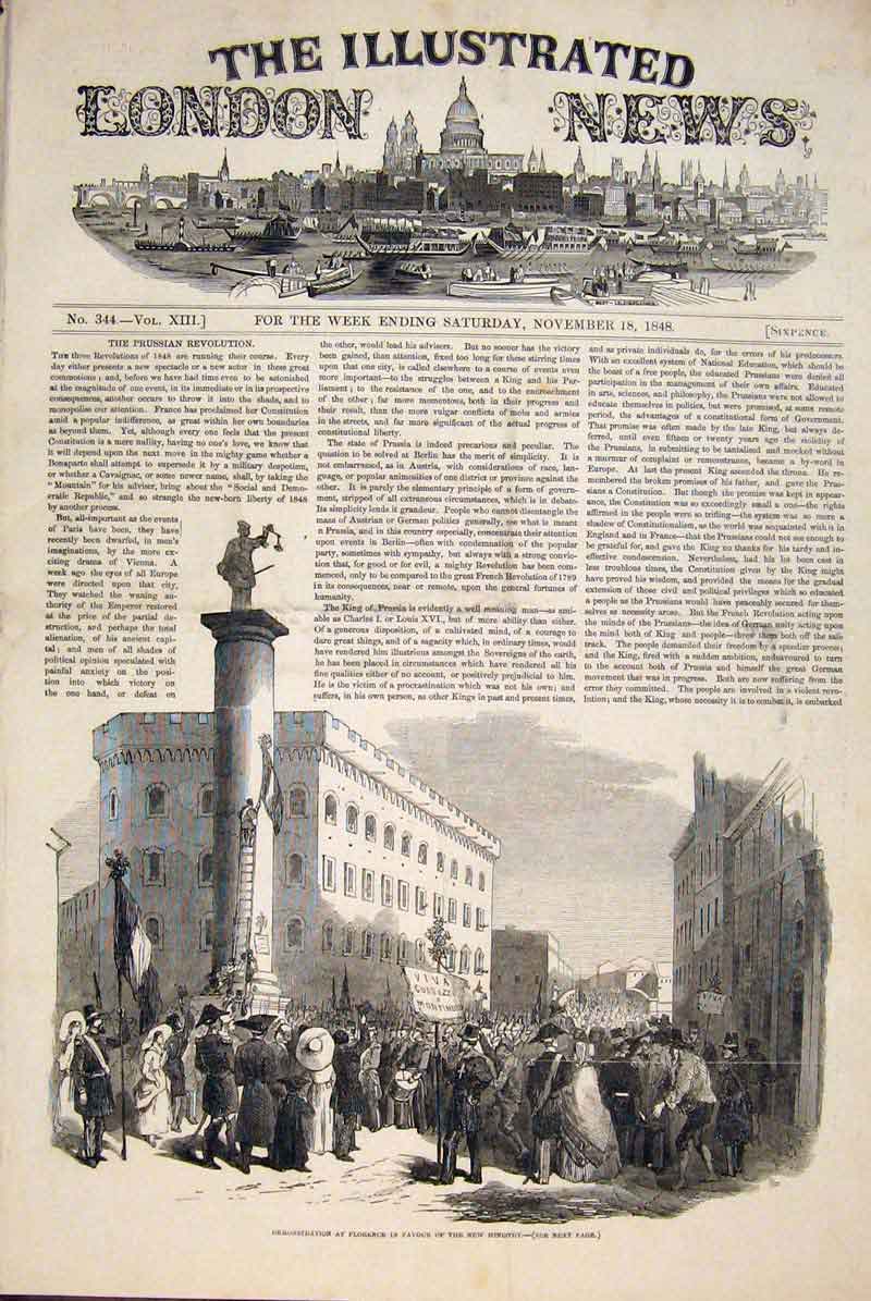 Original Old Antique Print Florence Italy Ministry Demonstration 1848 Victorian