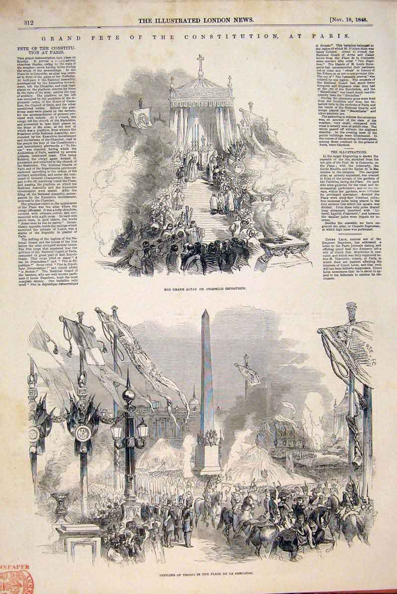 Original Old Antique Print Fete Constitution Paris France Troops Concorde 1848