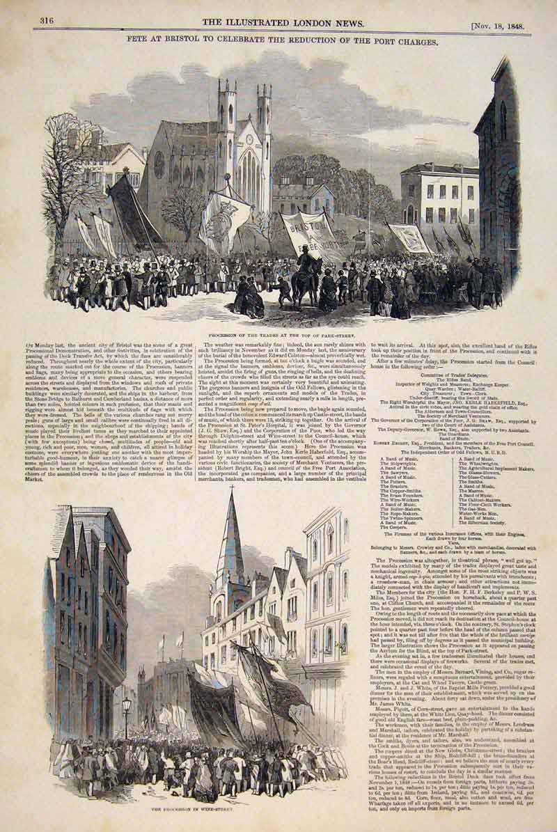 Original Old Antique Print Fete Bristol Procession Wine Street Park 1848 19th