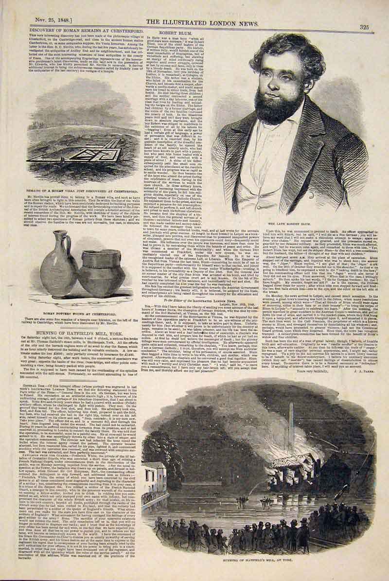 Original Old Antique Print Portrait Blum Roman Villa Chesterford Hatfield York