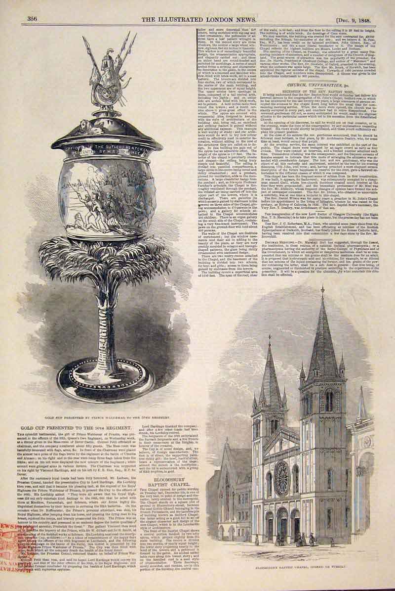 Original Old Antique Print Bloomsbury Baptist Chapel GCup Waldemar 1848 19th