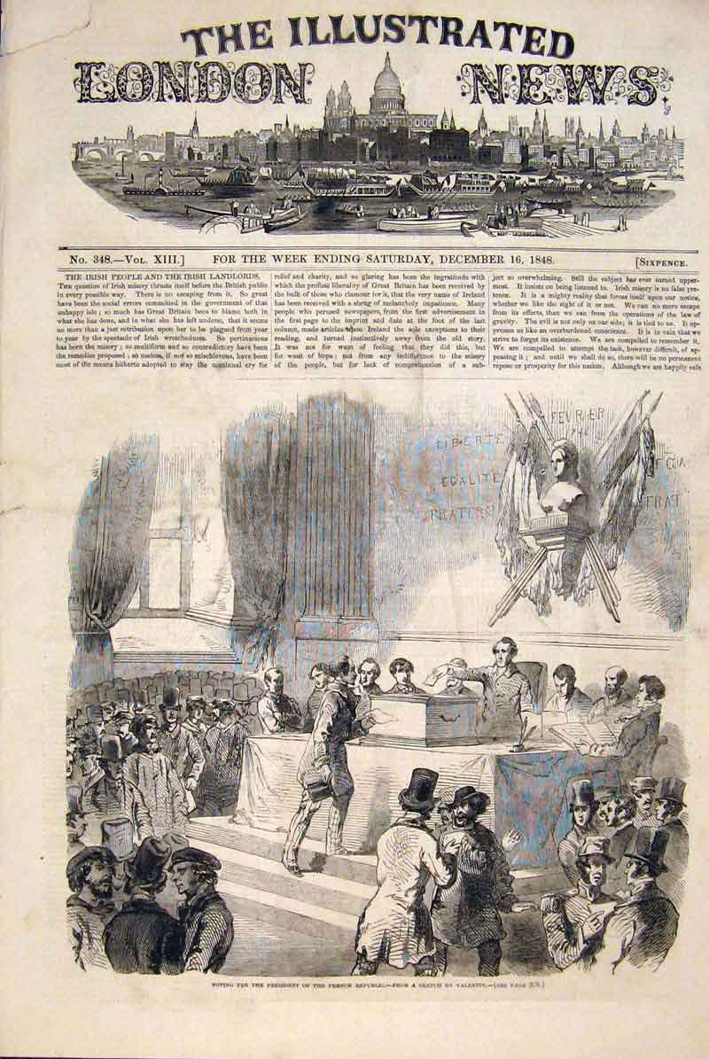 Original Old Antique Print Election French President Vote Valentin 1848 19th
