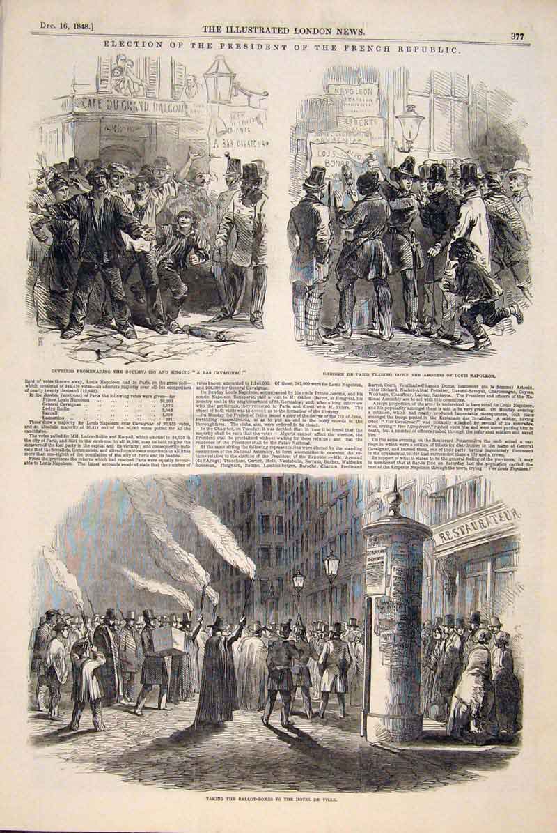 Old Antique Print Election President French Republic Ballot Napoleon 1848 19th