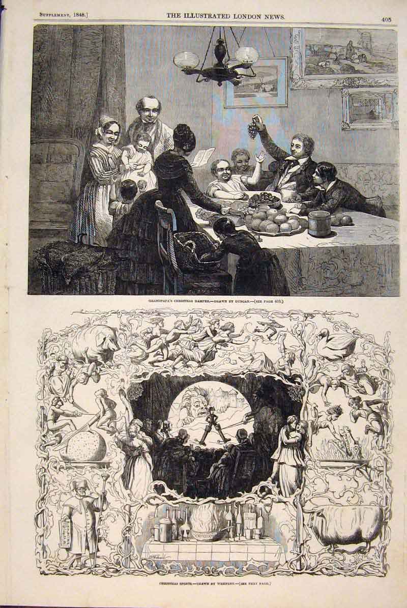 Original Old Antique Print Christmas Hamper Duncan Sports Wehnert Fine Art 1848