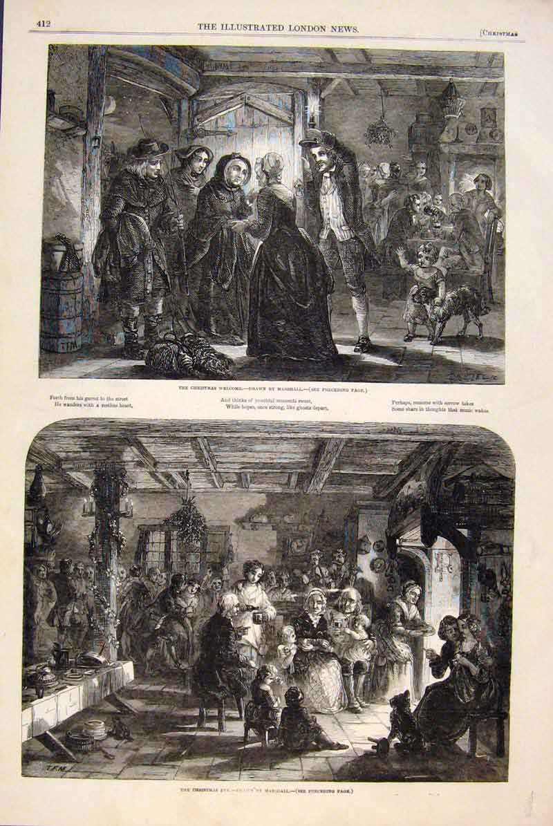 Original Old Antique Print Christmas Marshall Family Eve Children Fine Art 1848