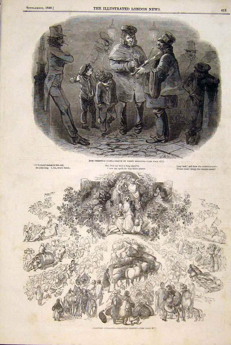 Original Old Antique Print Christmas Waifs Meadows Harvey Sketches 1848 19th