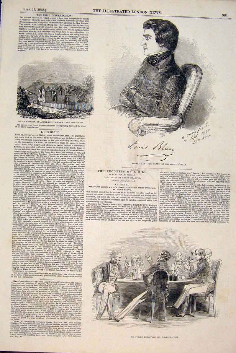 Old Antique Print Portrait Blanc D'Orsay Irish Ireland Progress Bill 1848 19th
