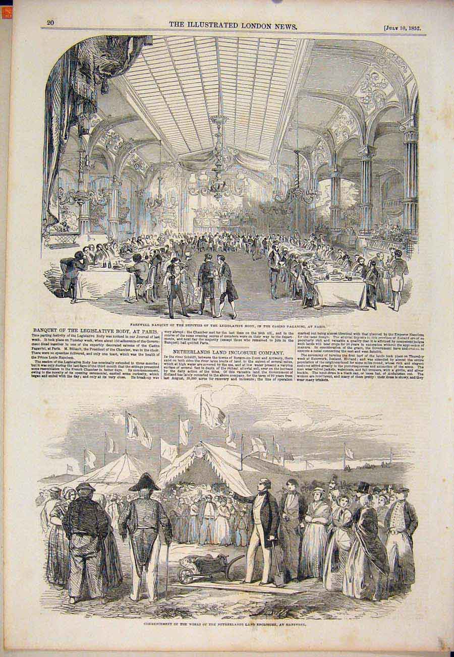 Original Old Antique Print Banquet Casino Paganini Paris France Netherlands 1852