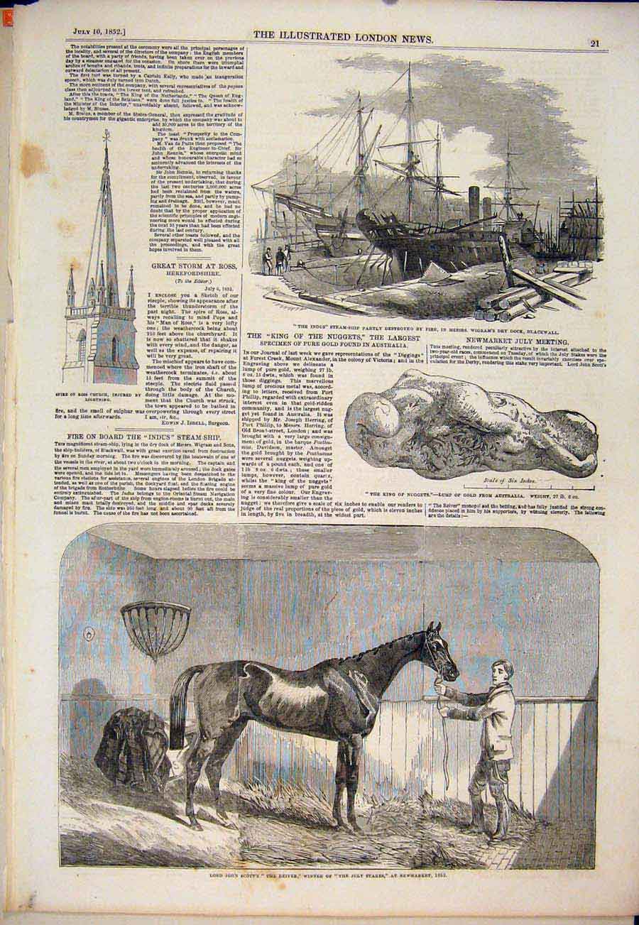 Old Antique Print Indus Steam Ship Blackwall Reiver Race Horse Newmarket