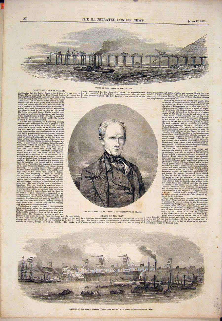Original Old Antique Print Portrait Clay Portland Screwq Collier Jarrow 1852
