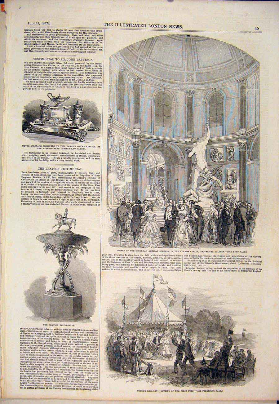 Original Old Antique Print Flaxman Hall University Cooleg Deeside Railway 1852