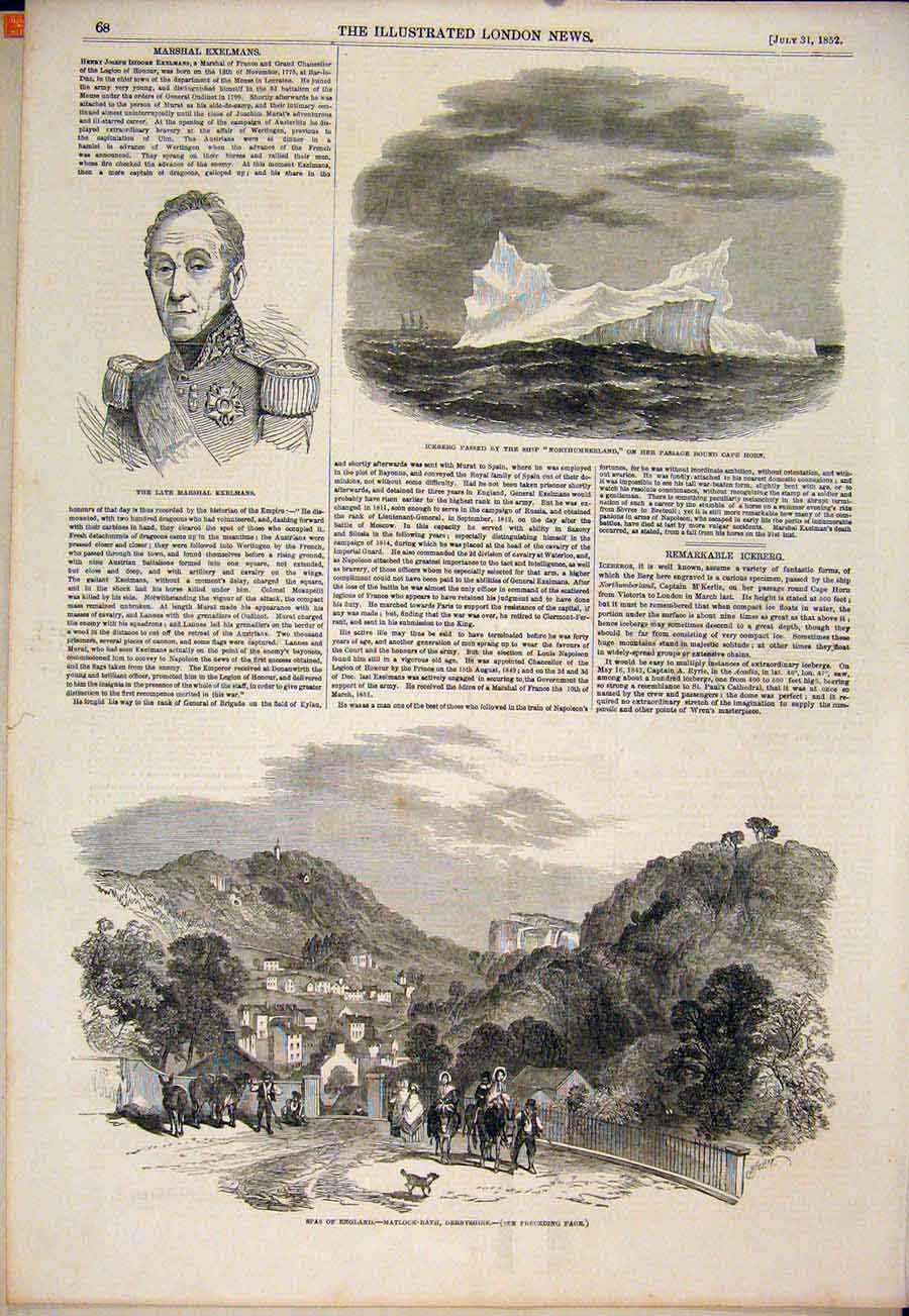 Original Old Antique Print Portrait Exelmans Iceberg Northumberland Spas Matlock