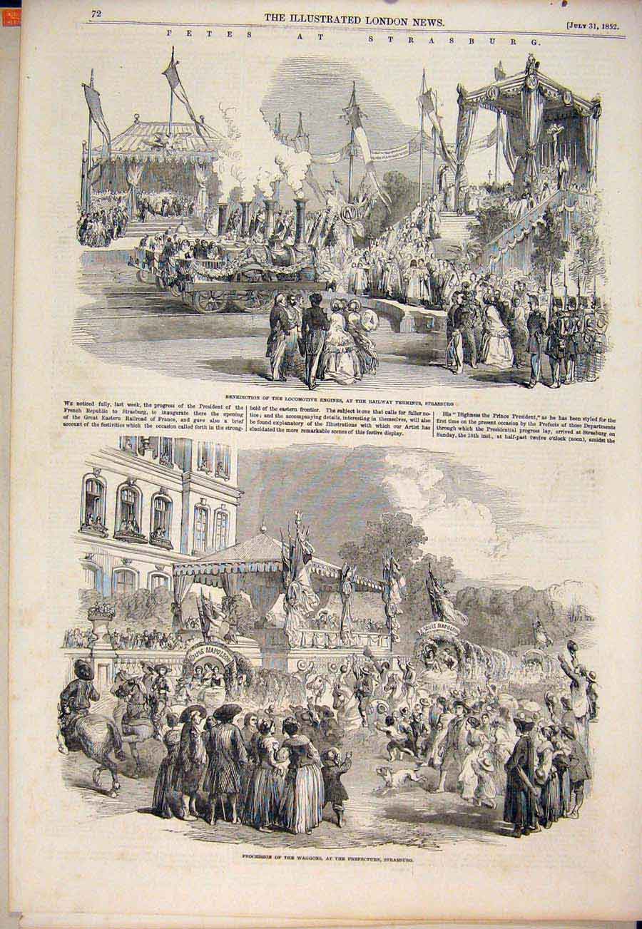 Original Old Antique Print Fete Strasbourg Germany Engine Locomotive Rhine 1852