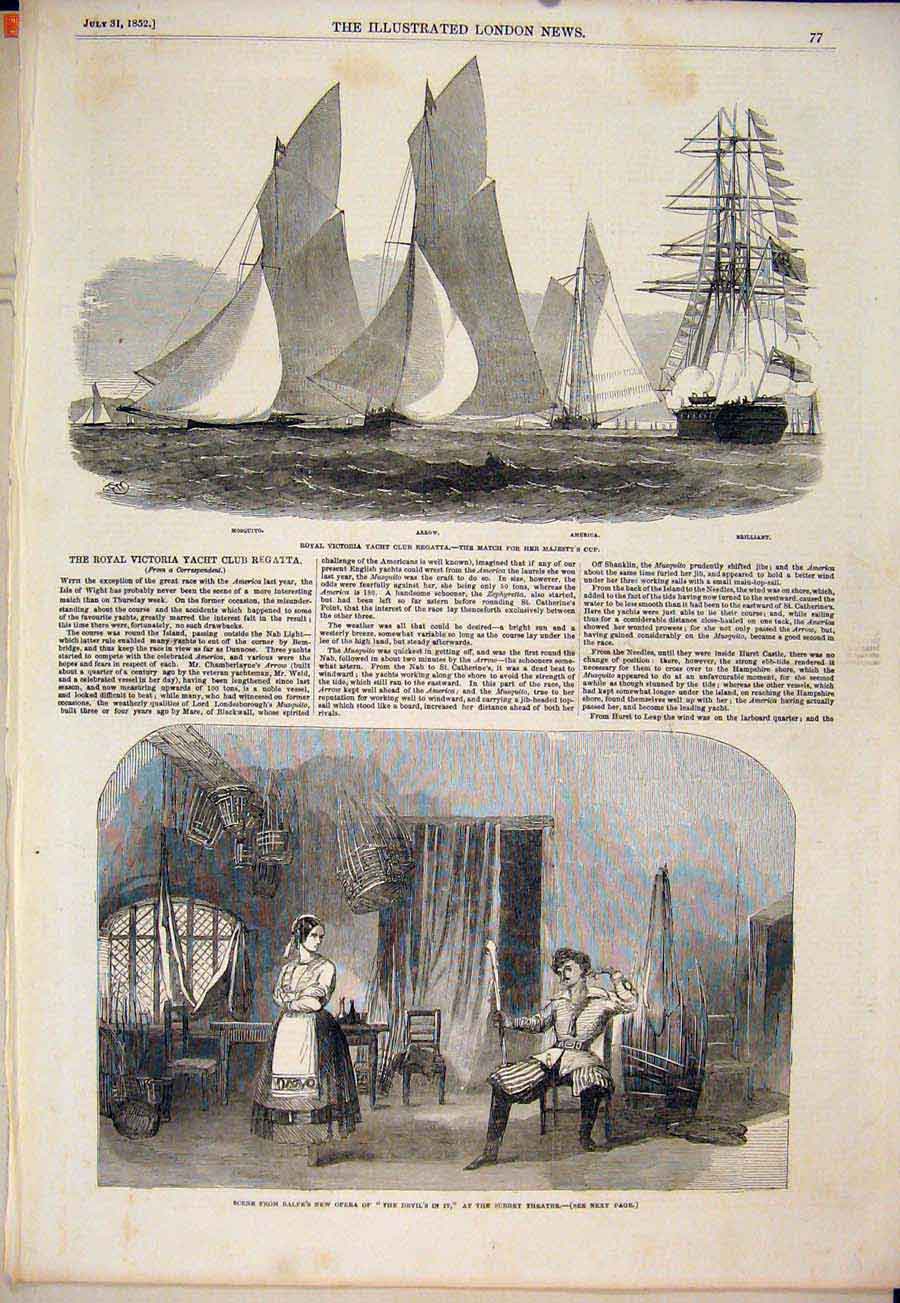 Original Old Antique Print Royal Victoria Yacht Regatta Surrey Theatre 1852 19th