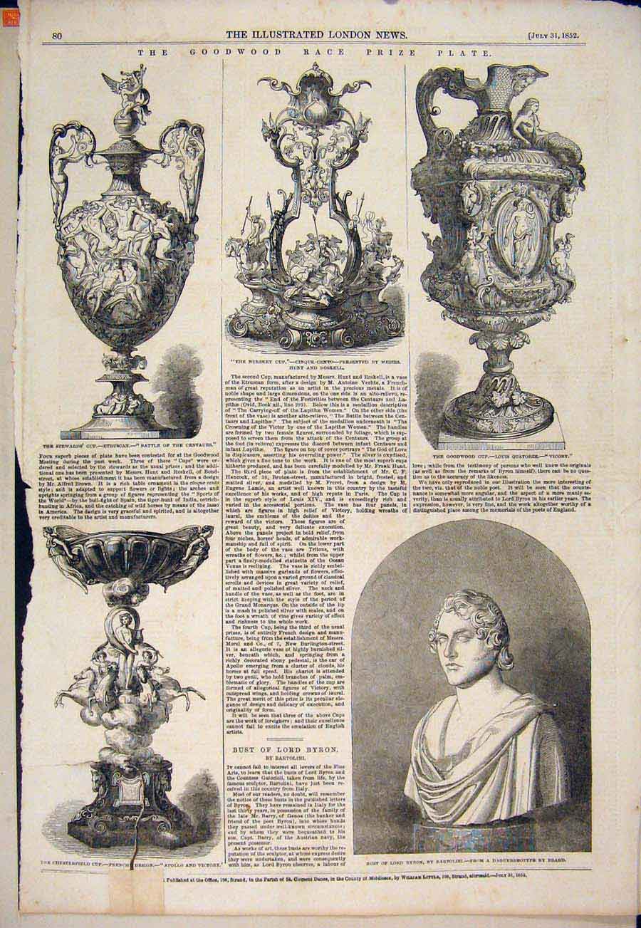 Original Old Antique Print Goodwood Races Prize Plate Cup Bust Byron Bartolini