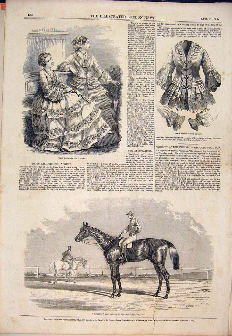 Original Old Antique Print Paris Fashion Kingston Race Horse Goodwood Races 1852