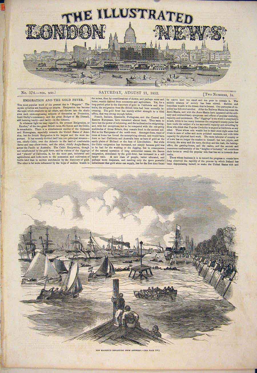 Original Old Antique Print Antwerp Holland Queen 1852 19th Century