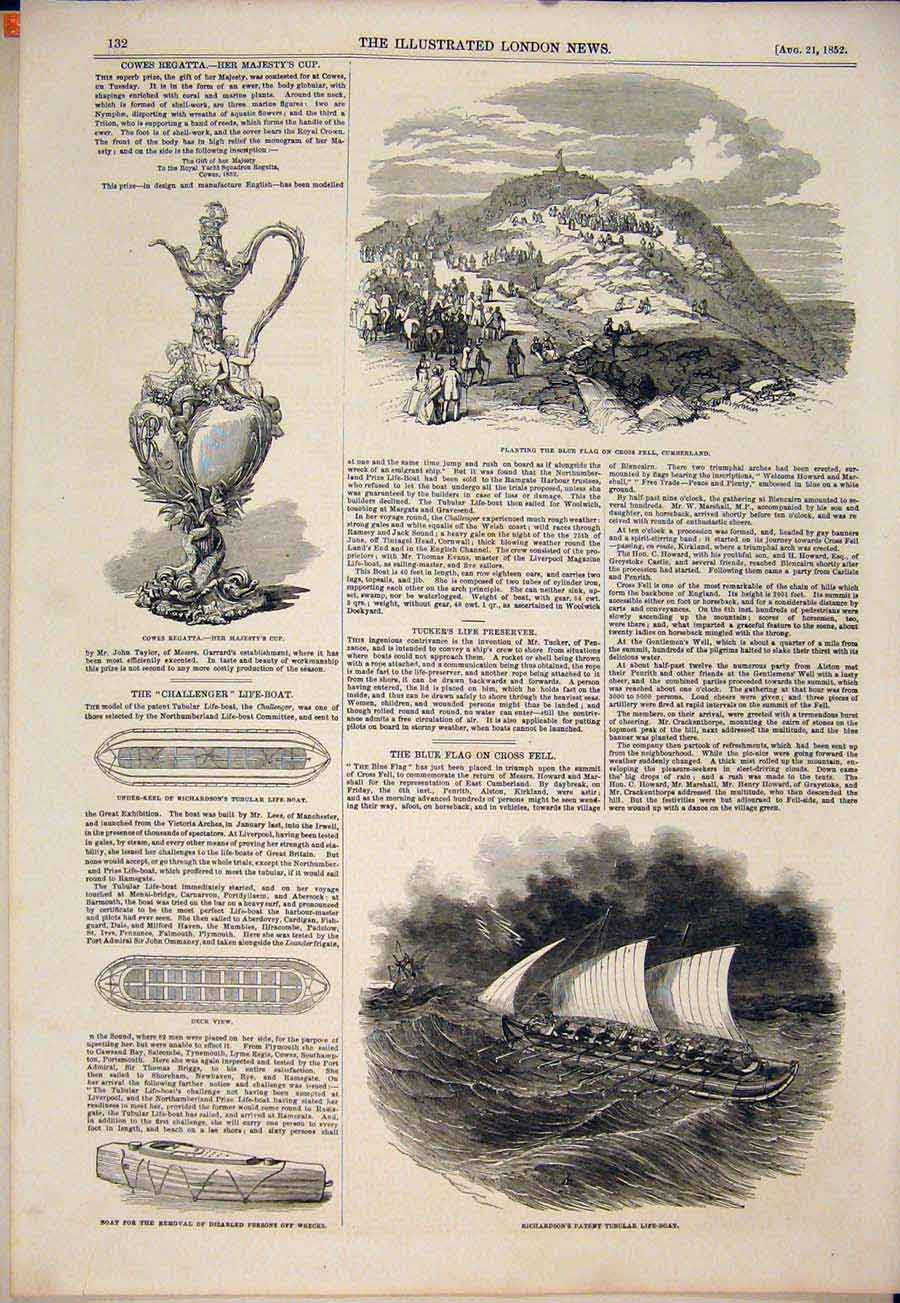 Original Old Antique Print Cumberland Richardson Patent Life Boat Regatta Cowes