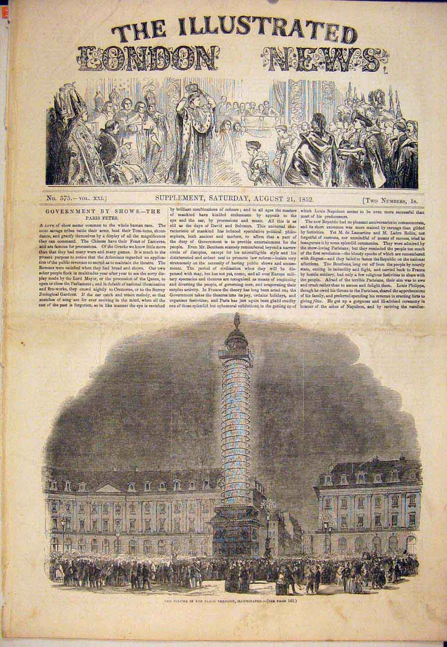 Original Old Antique Print Column Place Vendome Paris France 1852 19th