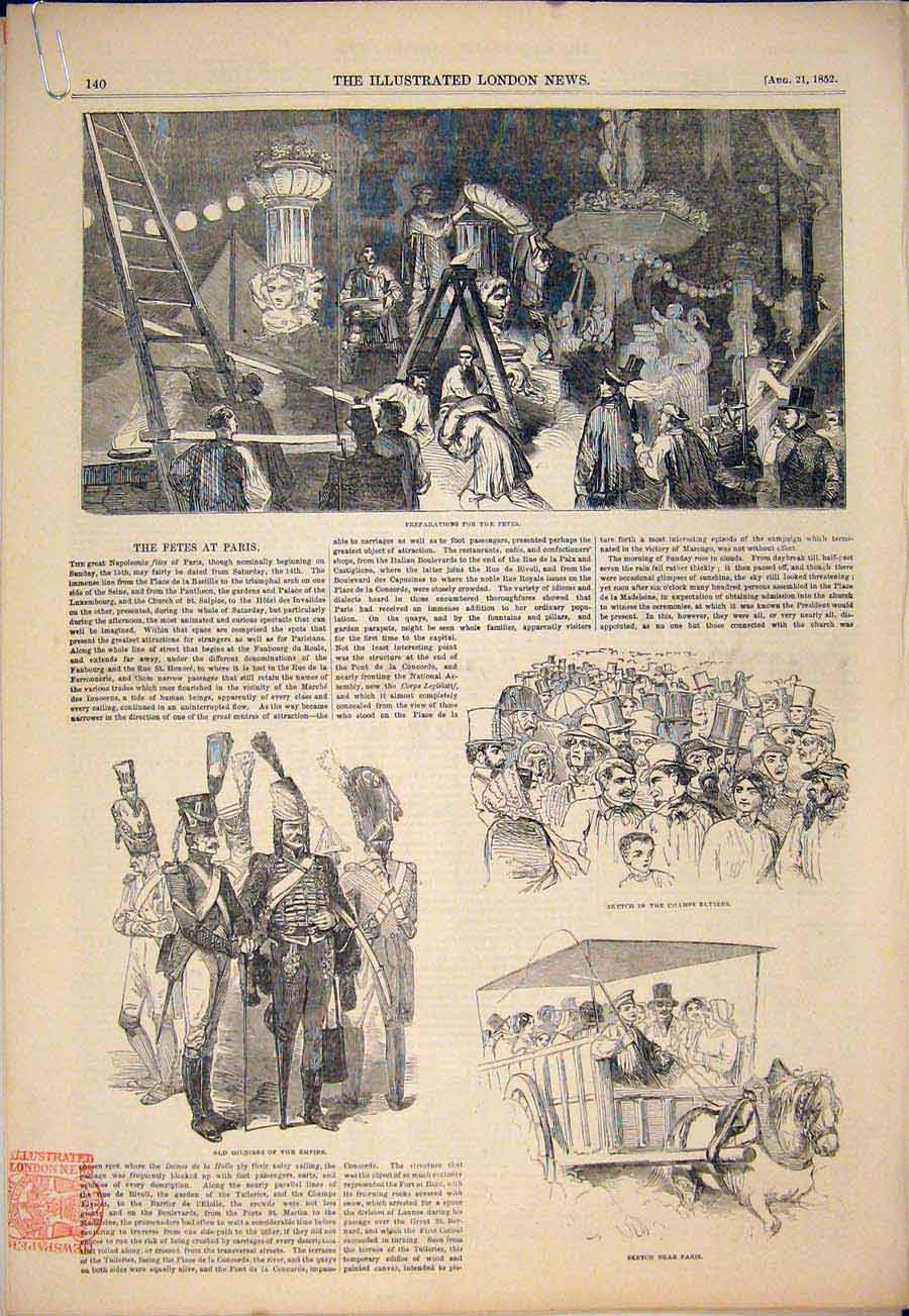 Original Old Antique Print Fete Paris France Siers Fireworks Concorde 1852 19th