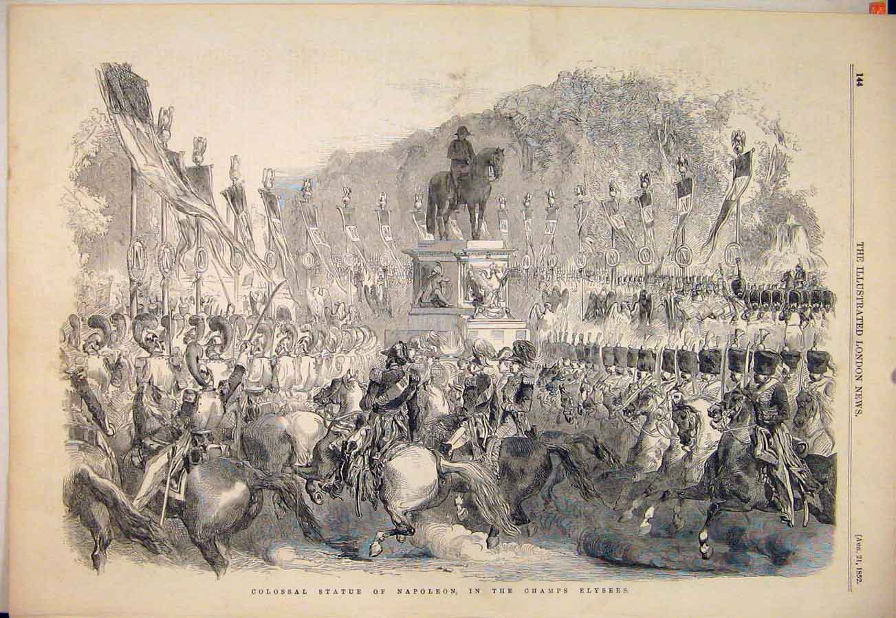 Old Antique Print Statue Napoleon Champs Elysees Paris France 1852 Ref.2 19th