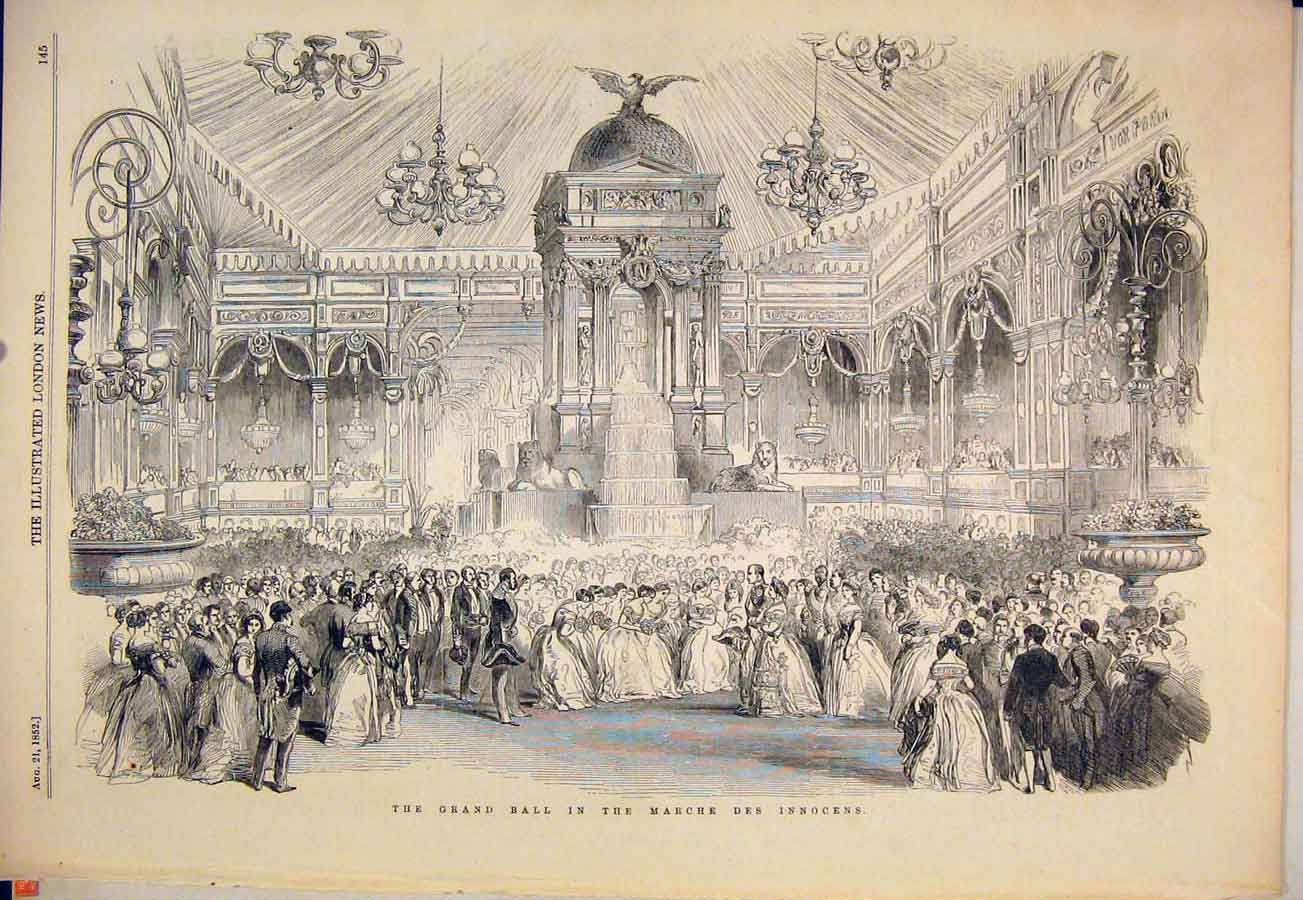 Original Old Antique Print Grand Ball Marche Des Innocens France 1852 Victorian