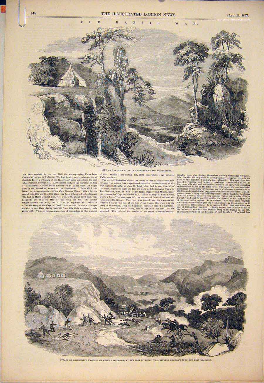 Original Old Antique Print Kaffir War Africa Waterklobeaufort Fish River 1852