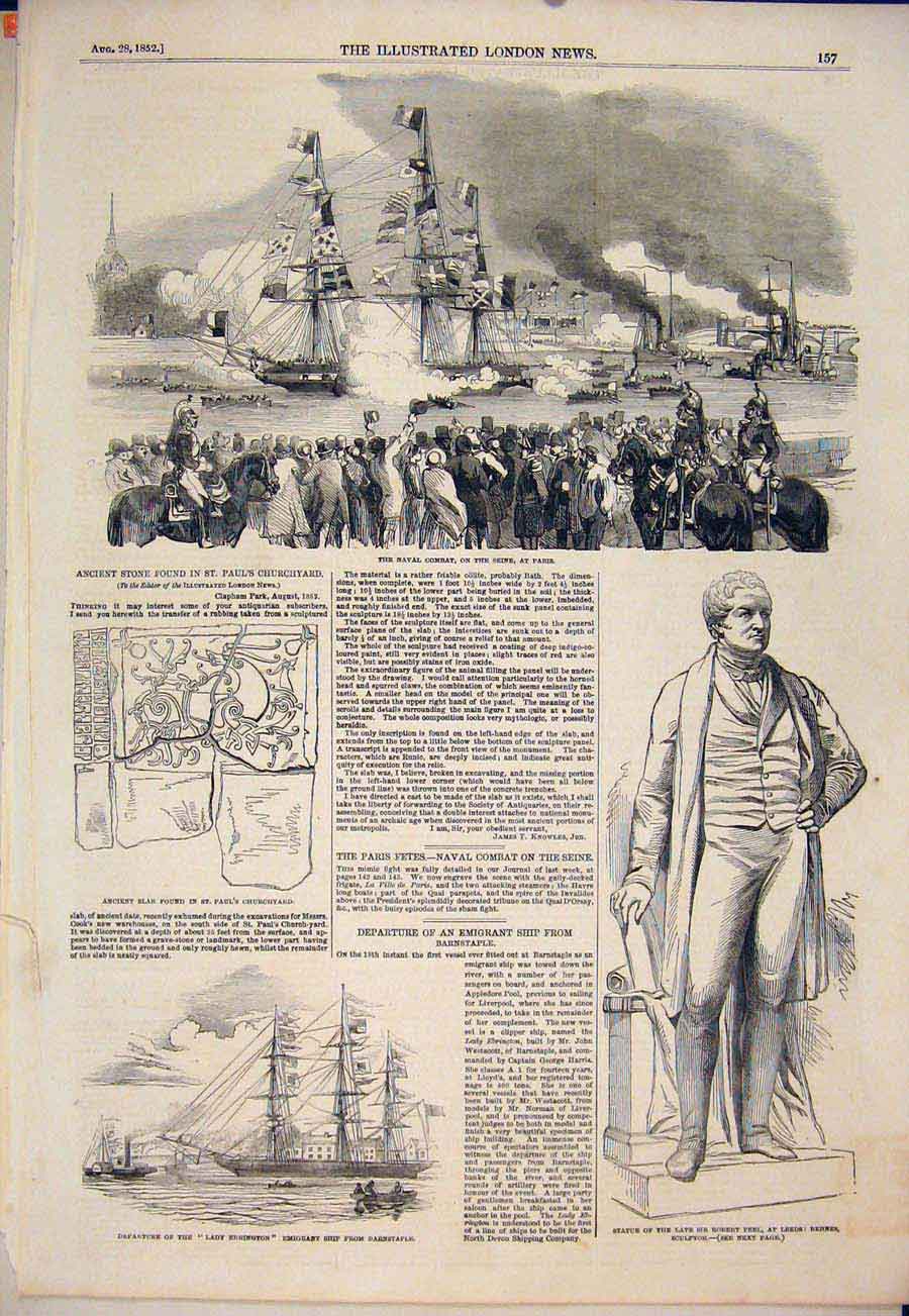 Original Old Antique Print Naval Combat Seine Paris France Statue Peel 1852 19th